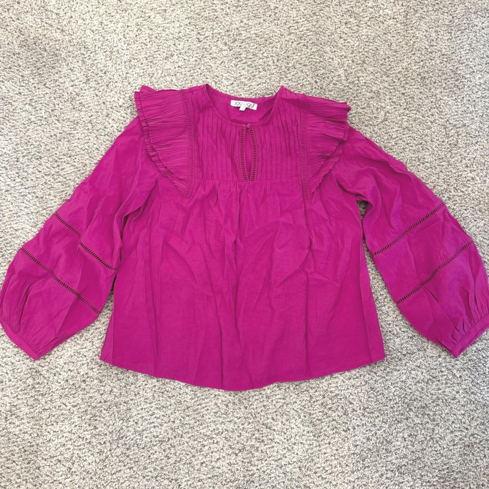 Magenta Pink Ruffle Boho Blouse Balloon Sleeve Top Womens M Casual Lightweight